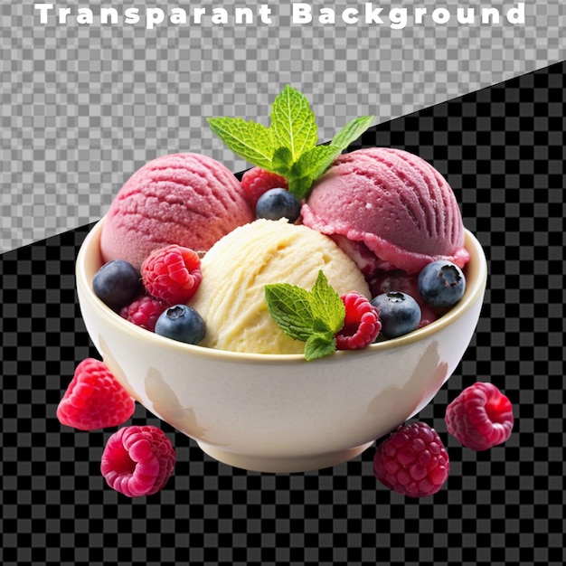 PSD raspberry and blueberry ice cream in a bowl with fresh berries aigenerated