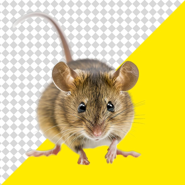 a rat with a black nose and a yellow background with a white square in the background