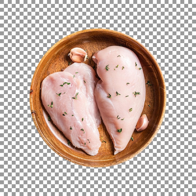 Raw chicken breast fillet in a wooden bowl with transparent background