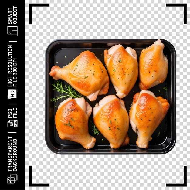 PSD raw chicken meat on a black plate on a transparent background