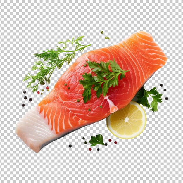 PSD raw salmon steak with parsley and lemon png on white background