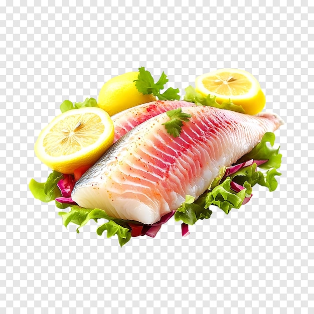 Raw tilapia fillet with lemon slices and salad isolated on a transparent background for visuals