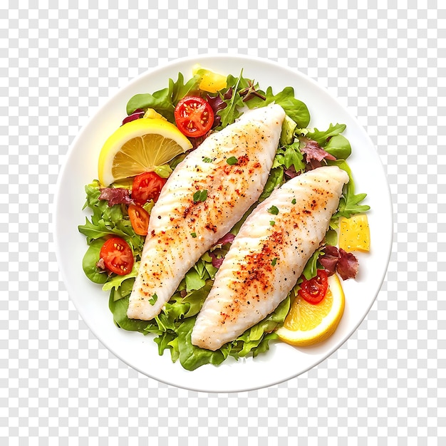 PSD raw tilapia fish fillet with lemon and salad on a transparent background for clean visuals