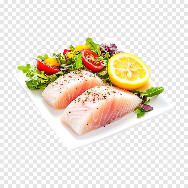 PSD raw tilapia fish fillet with lemon slices and salad isolated on a transparent background