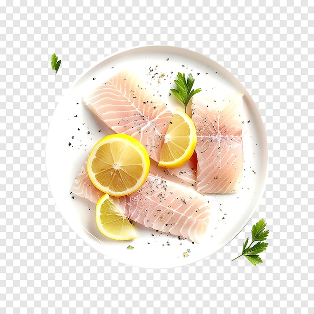 Raw zander fish filet with lemon Pieces isolated on a transparent background