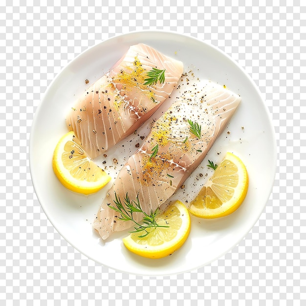 Raw zander fish filet with lemon Pieces isolated on a transparent background