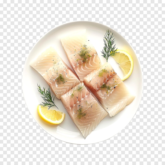 Raw zander fish filet with lemon Pieces isolated on a transparent background