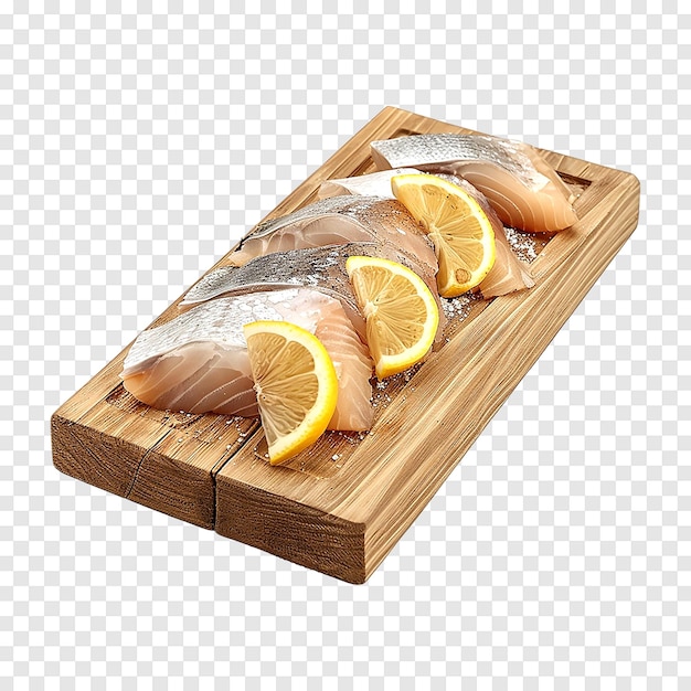 Raw zander fish filet with lemon Pieces isolated on a transparent background