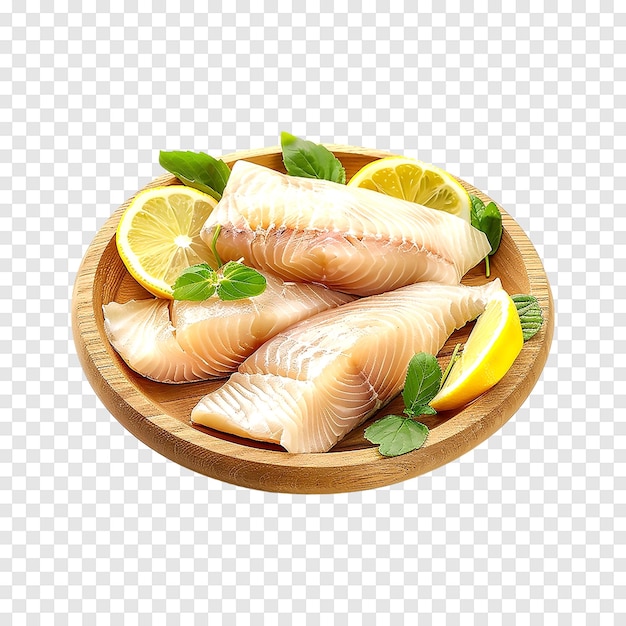 Raw zander fish filet with lemon Pieces isolated on a transparent background