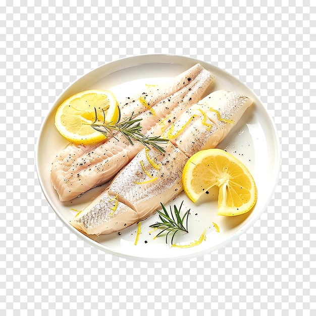 PSD raw zander fish filet with lemon pieces isolated on a transparent background