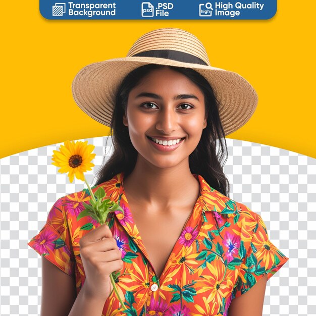 Ready for Spring Portrait of a Smiley Young Indian Latina Woman with Flower Dress and Hat