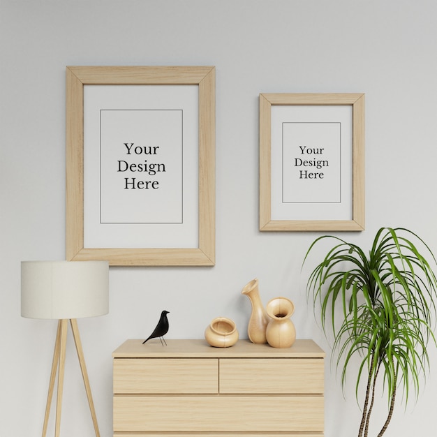 Ready To Use Two Poster Frame Mockup Design Template Hanging Portrait In Wooden Interior