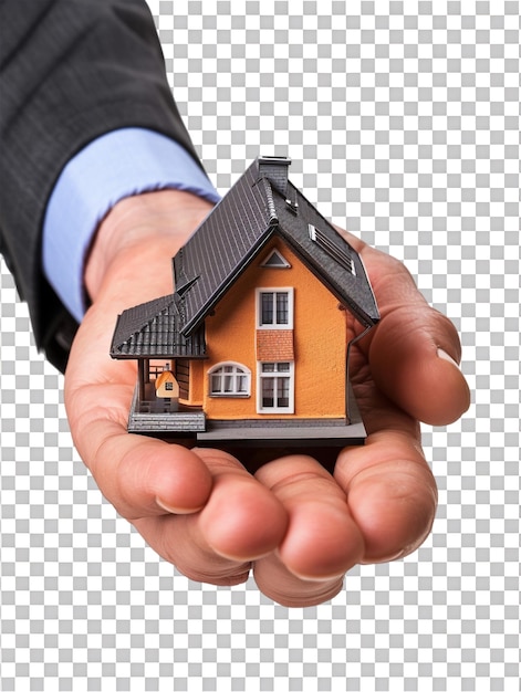 PSD real estate agent holding a miniature house isolated against a transparent background