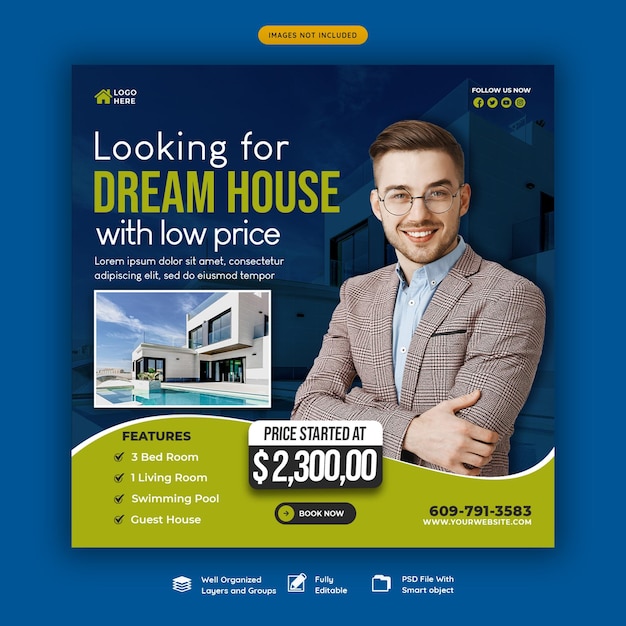 PSD real estate house property instagram post or social media banner template