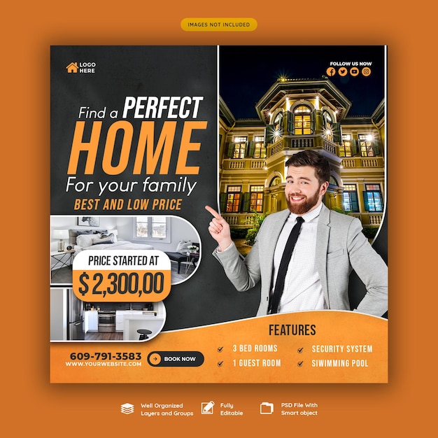 PSD real estate house property instagram post or social media banner template