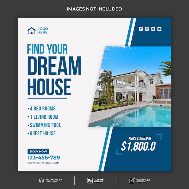 Real estate house social media Instagram post or square banner template