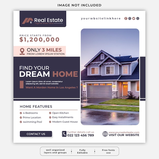 Real estate house social media or instagram post or square web banner promo template