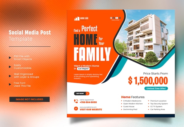 Real estate house with a modern home for sale social media post square web banner promotion