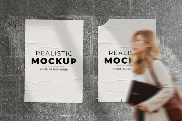 Realistic 2 posters with walking woman on wall surface premium mockup psd