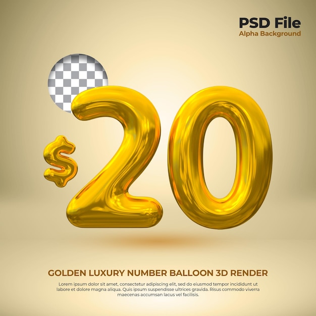 Realistic 3D balloon number 20 dollars golden luxury premium psd