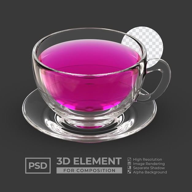 Realistic 3D glass pink tea cup for composition premium psd