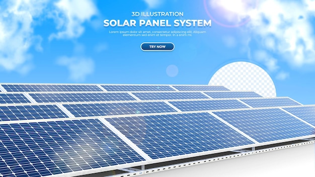 Realistic 3D illustration solar panel system with sky bakground