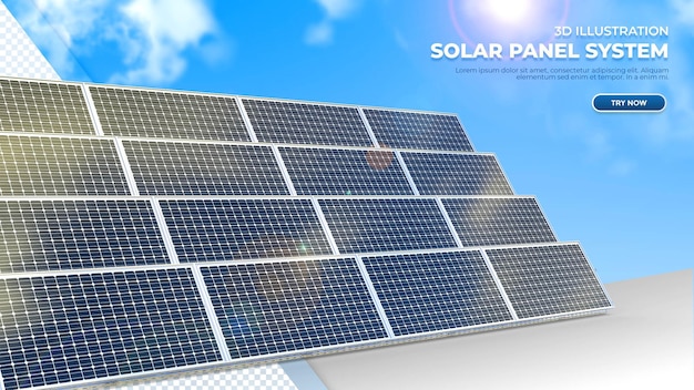 Realistic 3D illustration solar panel system with sky bakground