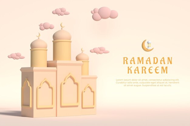 PSD realistic 3d islamic ramadan with mosque crescent cloud premium psd