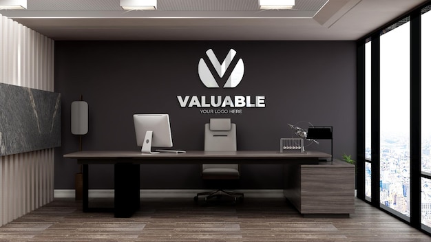 realistic 3d logo mockup in office busines manager room