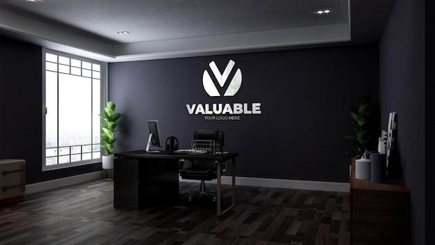 realistic 3d logo mockup in the office business manager room with minimalist wooden design interior