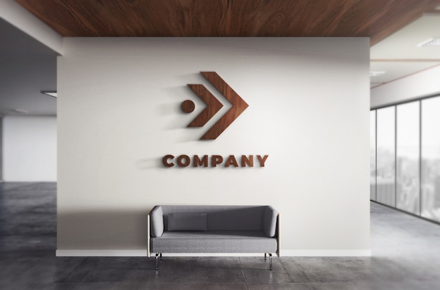 Realistic 3D Logo Wood Mockup Office Wall Texture