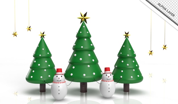 Realistic 3d render christmas tree with snowman