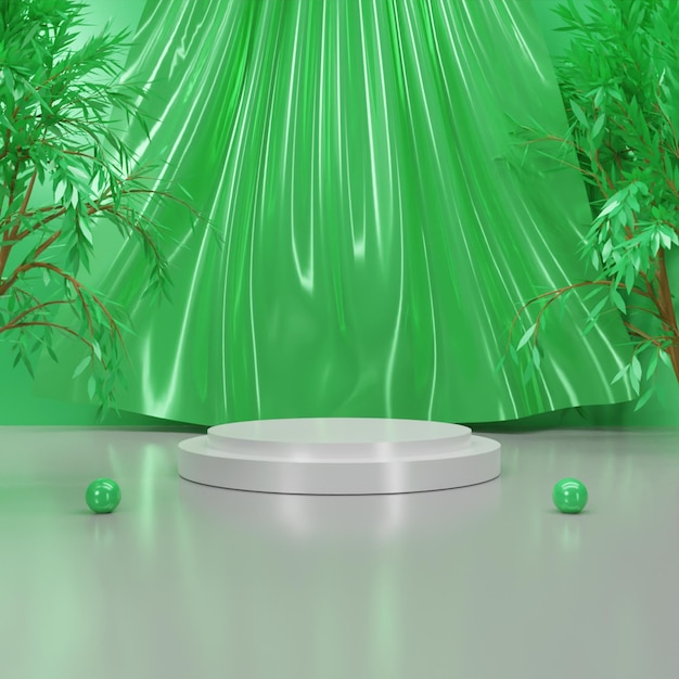 Realistic 3D render white metallic podium with green curtain background