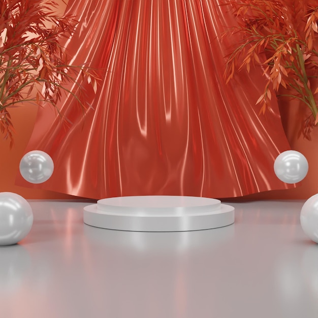 Realistic 3D render white metallic podium with orange curtain background