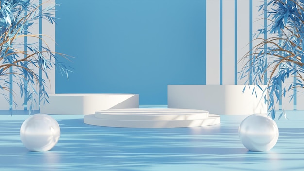 Realistic 3D render white podium with blue background