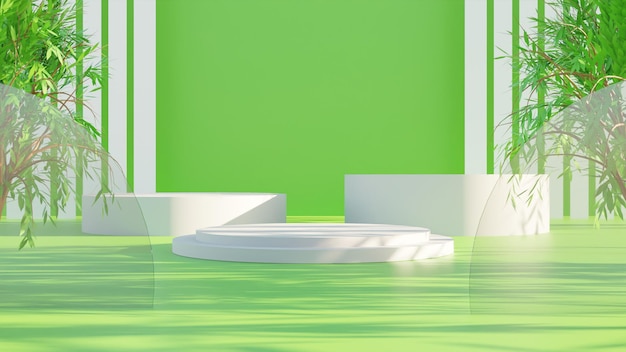 Realistic 3D render white podium with green background