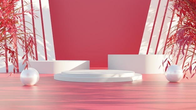 Realistic 3D render white podium with red background