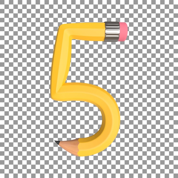 PSD realistic 3d rendering of alphabet number 5 pencil shape in yellow color high quality image for gr