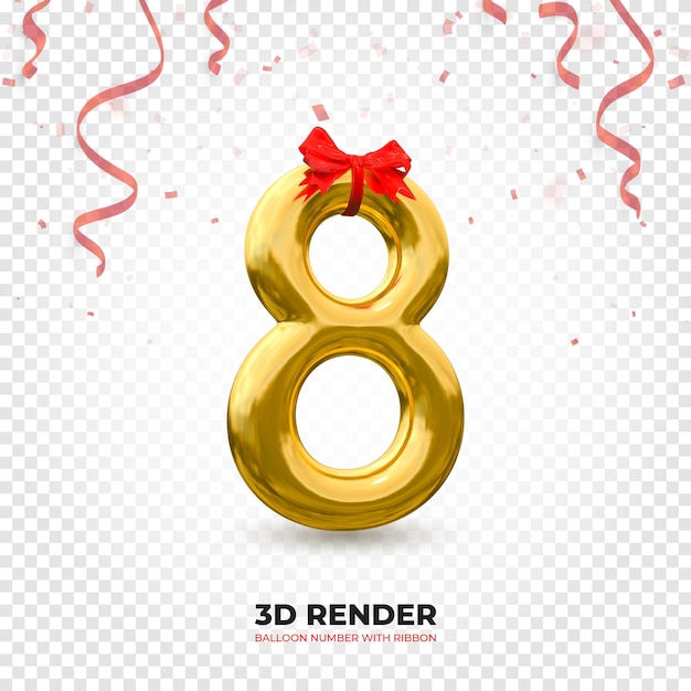 Realistic 3D rendering golden balloon number 8 with ribbon premium psd