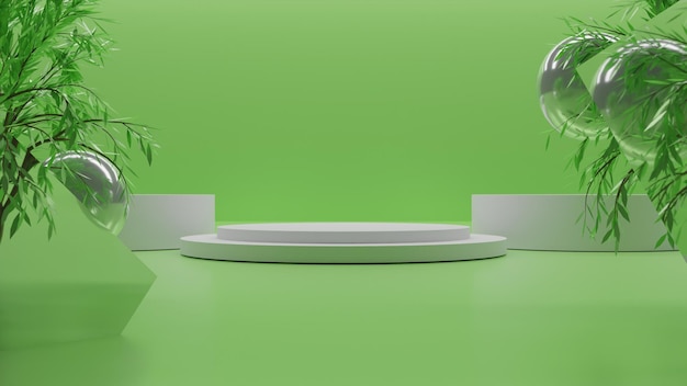 Realistic 3D rendering white podium on green background