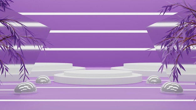 Realistic 3D rendering white podium on purple background