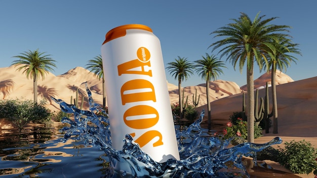 Realistic 3d soda can mockup with desert scene and nature