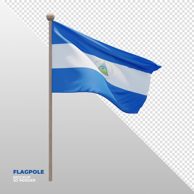 Realistic 3d textured flagpole flag of Nicaragua