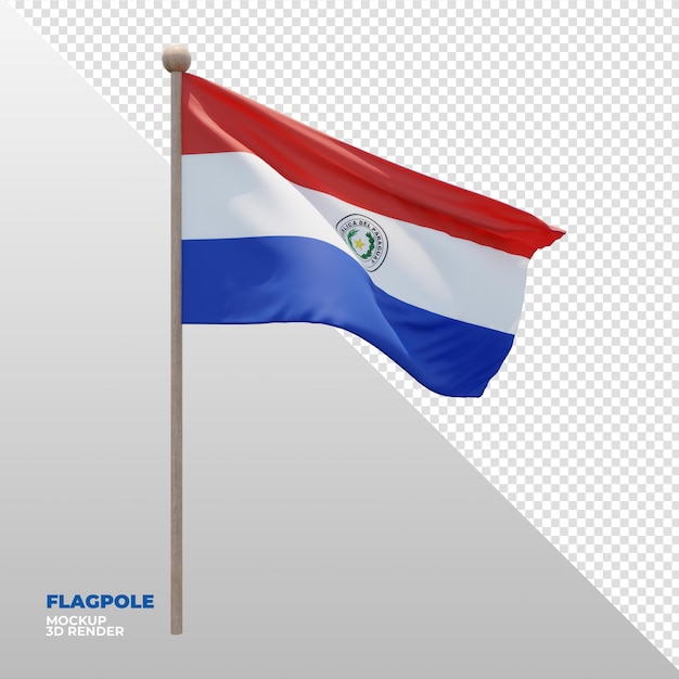 Realistic 3d textured flagpole flag of Paraguay