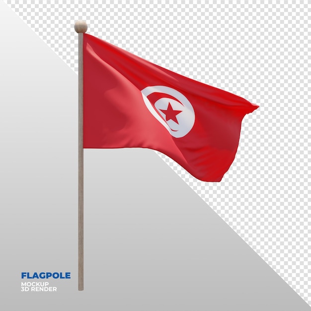 Realistic 3d textured flagpole flag of Tunisia