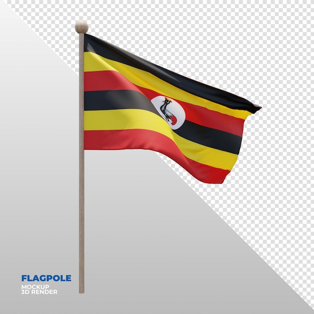 Realistic 3d textured flagpole flag of Uganda