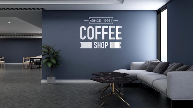 realistic 3d wall logo mockup in the coffee shop with sofa