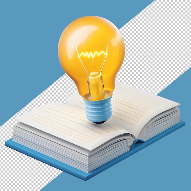 PSD realistic 3d yellow light bulb on open book smart idea concept