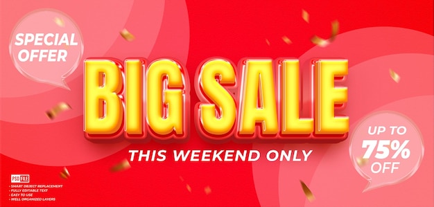 Realistic banner big sale special offer sale with custom text editable 3D style text effect