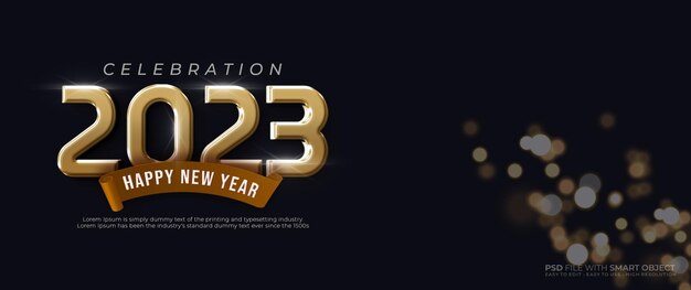 PSD realistic banner happy new year 2023 with 3d text effect editable gold style